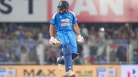 Rohit Sharma celebrates his century on Wednesday