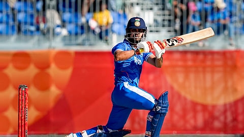 India's Ishan Kishan plays a shot during the second semifinal T20I cricket match between India and Sri Lanka, at the 20th Asian Games, in Nisshin, Japan, Thursday, Oct. 1, 2026.