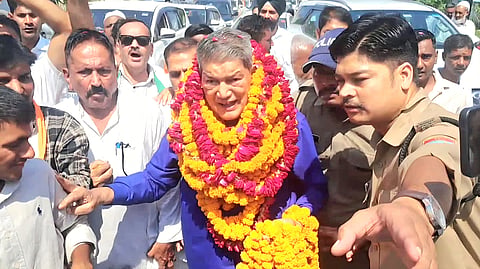 Senior Congress leader and former Uttarakhand chief minister Harish Rawat during his "Dhanyavaad Samvad Yatra", a public outreach procession through Haridwar.