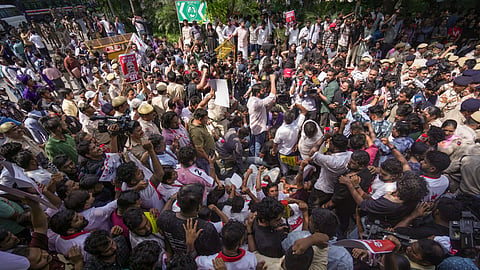 People stage a protest against the CEC near the Jantar Mantar, in New Delhi, Friday, Oct. 2, 2026.
