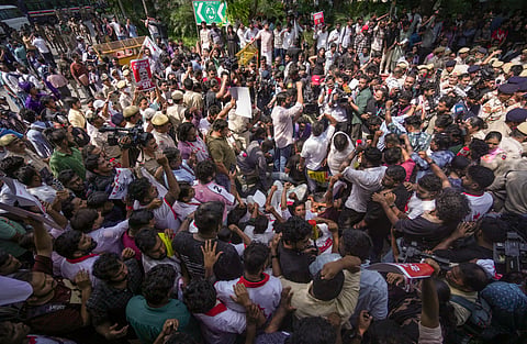 : People stage a protest against the CEC near the Jantar Mantar, in New Delhi, Friday, Oct. 2, 2026. Political parties and members of AISA, SFI, NSUI and other student bodies are protesting to demand Chief Election Commissioner (CEC) Gyanesh Kumar's resignation over the alleged irregularities in the Special Intensive Revision (SIR) of electoral rolls and mass deletion of voters.