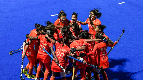 India's players celebrate after winning the women's final gold medal Hockey match as they defeat China in the ongoing Asian Games 2026, in Gifu, Japan, Friday, Oct. 2, 2026.
