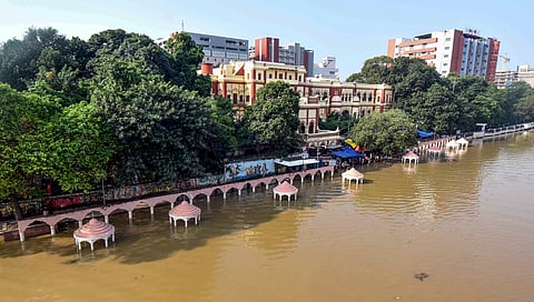 An aerial view of a partially submerged Kali Ghat in Patna on Wednesday.