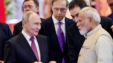 Prime Minister Narendra Modi and Russia's President Vladimir Putin visit INNOPROM exhibition, at Bharat Mandapam, in New Delhi.