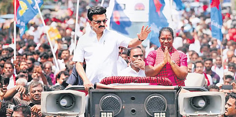 DMK president MK Stalin campaigning for party candidate S Suganya in Dharapuram on Friday