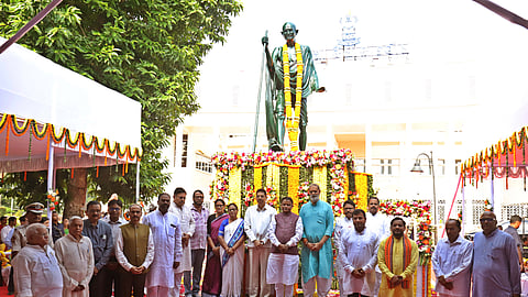 Odisha Governor Hari Babu Kambhampati, Chief Minister Mohan Charan Majhi and other Ministers posing group photo after paying floral tribute to Mahatma Gandhi and Prime Minister Lal Bahadur Shastri on their Birth anniversary at State Assembly in Bhubaneswar on Friday.