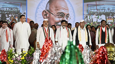 DY CM Bhatti Vikramarka Mallu along with Ministers and TPCC President during the Gandhi Jayanthi celebrations at L B Stadium in Hyderabad on Friday.
