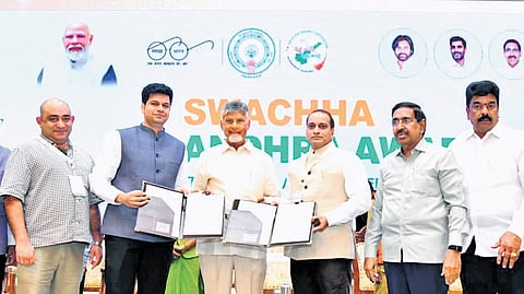 CM Nara Chandrababu Naidu at the Swarna Andhra-Swachha Andhra awards ceremony in Vijayawada on Friday