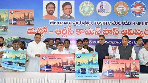 Deputy Chief Minister Bhatti Vikramarka, along with Transport Minister Ponnam Prabhakar, Ministers Vivek Venkataswamy and Azharuddin, unveiled the Metro-RTC common pass at Praja Bhavan in Hyderabad on Friday.