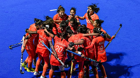 Indias players celebrate after winning the womens final gold medal Hockey match as they defeat China in the ongoing Asian Games 2026, in Gifu, Japan, Friday, Oct. 2, 2026.