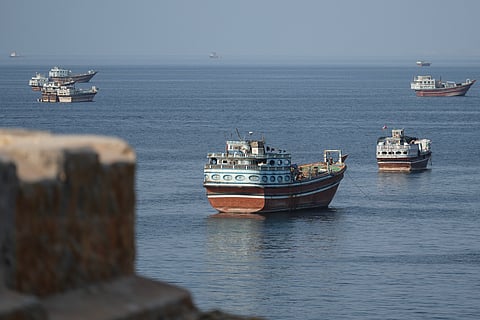 Ships are anchored off the coast of Khasab in Oman’s Musandam Governorate, near the Strait of Hormuz, on October 2, 2026.