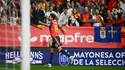 Spain's forward #19 Lamine Yamal celebrates scoring the opening goal during the UEFA Nations League Group A3 football match between Spain and the Czech Republic at the Carlos Tartiere Stadium in Oviedo on October 3, 2026.