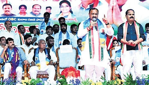 TPCC president Mahesh Kumar Goud speaking during a public meeting organised by the Congress OBC Cell at Shamshabad on Sunday, October 4, 2026.