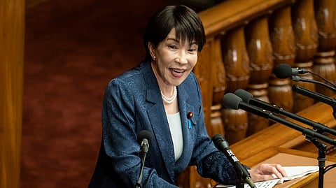 Japan's Prime Minister Sanae Takaichi delivers a speech during a plenary session of the House of Representatives at the National Diet in Tokyo on October 5, 2026.