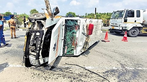 Ambulance driver lost control of the vehicle which toppled on carriageway.