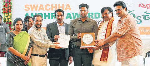 Vijayawada Municipal Corporation secured three awards at the NTR district-level Swachh Andhra Awards ceremony held on Monday at Tummalapalli Kalakshetra in Vijayawada.