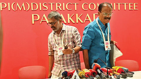 CPM’s outgoing Palakkad district secretary E N Suresh Babu (left) and newly appointed secretary V Chenthamarakshan at a press conference on Sunday.