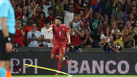Portugal's Goncalo Ramos celebrates after scoring his side's second goal during the Nations League soccer match between Portugal and Norway in Porto, Portugal, Sunday, Oct. 4, 2026.
