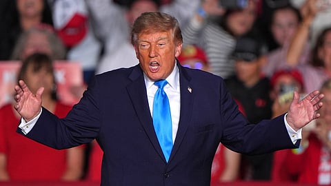 President Donald Trump arrives at a campaign rally at the Pinnacle Bank Expo Center, Monday, Oct. 5, 2026, in Grand Island, Neb.
