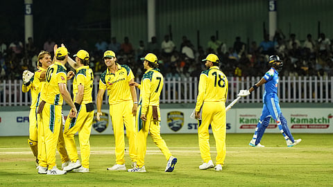 Australia A players celebrate a wicket in Puducherry on Tuesday