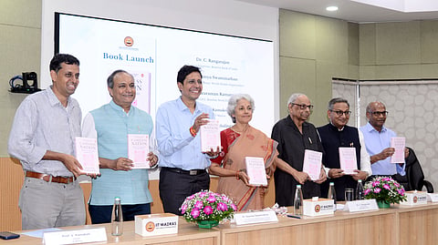 Dr C Rangarajan, former RBI governor (third from left), IIT Madras officials and others at Cashless Nation book release event on Monday