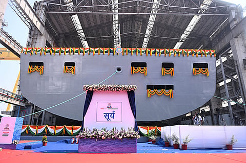 Defence Minister Rajnath Singh unveils the naming plaque of the first Fleet Support Ship ``Surya' at Hindustan Shipyard Limited in Visakhapatnam in th