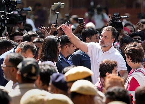Leader of Opposition in the Lok Sabha Rahul Gandhi and Congress MP Priyanka Gandhi Vadra during a protest march from Parliament towards the Election Commission of India (ECI) office, demanding the resignation of Chief Election Commissioner Gyanesh Kumar, in New Delhi, Tuesday, Oct. 6, 2026