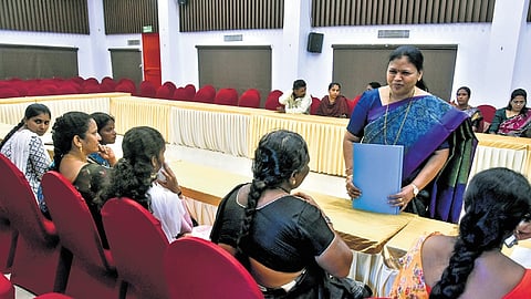 National Convener of DSS Jhansi Geddam during the legal clinic on violence against Adivasi women and girls in Vijayawada on Tuesday.