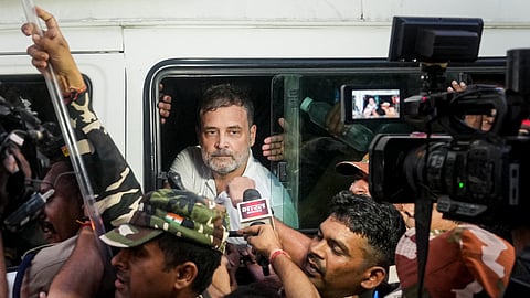 Congress leader Rahul Gandhi after his detention by the police during a sit-in protest against Chief Election Commissioner (CEC) Gyanesh Kumar at the roundabout near Shangri-La hotel, in New Delhi, Wednesday, Oct. 7, 2026.