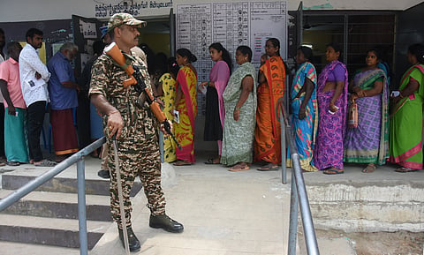 CAPF and police personnel deployed outside polling stations in Madurantakam and Dharapuram for bye-election on Tuesday