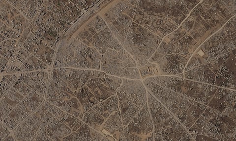 This satellite image taken by Planet Labs PBC on Sept.9, 2026 shows an Israeli military base built on top of the demolished town of Bani Suheila in the southern Gaza Strip.