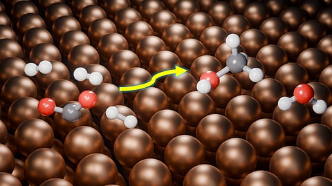 The surface of a copper catalyst depicting CO2 hydrogenation.