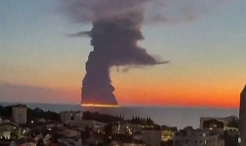 This screen grab taken from an UGC obtained by AFPTV on October 6, 2026, shows a fire on a vessel believed to be an oil tanker at the Russian city of Sochi on the Black Sea, amid the Russian invasion of Ukraine.