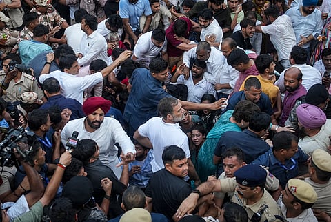 Congress leaders Rahul Gandhi, Priyanka Gandhi Vadra and Amarinder Singh Raja Warring and others stage a sit-in protest against Chief Election Commissioner (CEC) Gyanesh Kumar at the roundabout near Shangri-La hotel, in New Delhi, Wednesday, Oct. 7, 2026.