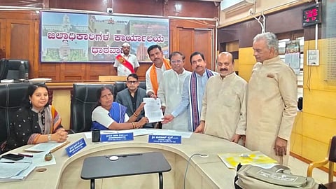 BJP leaders. including state party president BY Vijayendra, accompany SV Sankanur as he files his nomination from the West Graduates constituency in Dharwad on Tuesday.