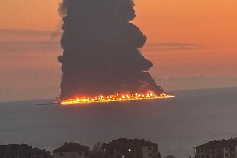 This screen grab taken from X shows a fire on a vessel believed to be an oil tanker at the Russian city of Sochi on the Black Sea, amid the Russian invasion of Ukraine.