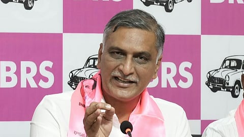 Former minister Harish Rao addressing media during a press conference at TRS Bhavan in Hyderabad.