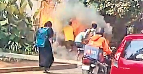 A screengrab showing the explosion of an outdoor Ring Main Unit installed on a footpath near Bagalur Cross in Yelahanka on Wednesday