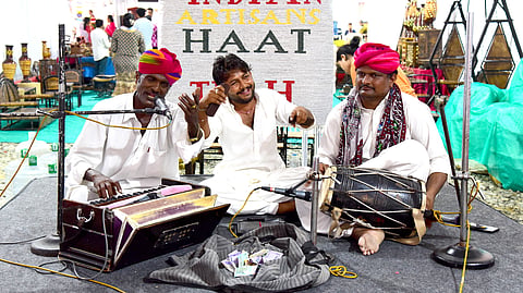 Artists perform Rajasthani folk songs at the The Indian Artisans Haat being held in Kaloor Stadium.