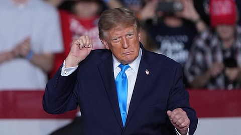 US President Donald Trump dances at a campaign rally at the Pinnacle Bank Expo Center, Monday, Oct. 5, 2026, in Grand Island, Neb.
