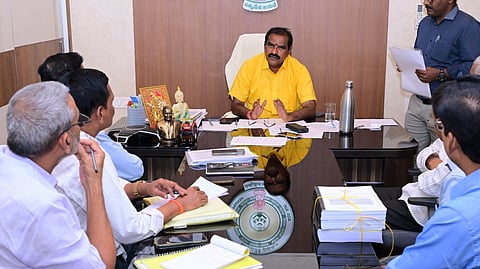 Water resources minister Nimmala Rama Naidu during review meeting with the officials of the irrigation department on Wednesday.