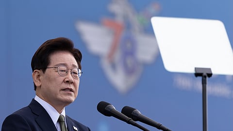South Korean President Lee Jae Myung delivers a speech during the Armed Forces Day at a military base in Gyeyong, South Korea, Thursday, Oct. 1, 2026.