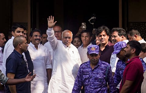 Congress President Mallikarjun Kharge during a lunch for INDIA bloc MPs at Sagar Ratna restaurant, Janpath, in New Delhi, Wednesday, Oct. 7, 2026.