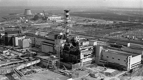 This aerial view shows the Chernobyl nuclear power plant in Chernobyl, Ukraine, April 26, 1986.