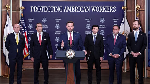 US Vice President JD Vance speaks as Stephen Miller, White House deputy chief of staff, from the left; Attorney General Todd Blanche; Labor Secretary Keith Sonderling; Anthony D'Esposito, Department of Labor Inspector General; and Andrew Ferguson, Chairman of the Federal Trade Commission, listen during a news conference on the Fraud Task Force inside the Eisenhower Executive Office Building on the White House campus, Thursday, Oct. 8, 2026, in Washington.