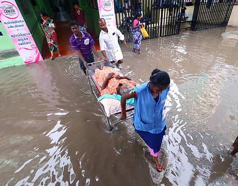 The newly renovated pathway at the Government Rajaji Hospital, Madurai severely waterlogged after torrential spells earlier last week