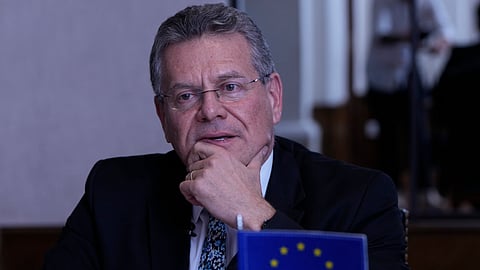 FILE -The European Commissioner for Trade and Economic Security Maros Sefcovic speaks during an interview in Asuncion, Paraguay, Jan. 17, 2026.