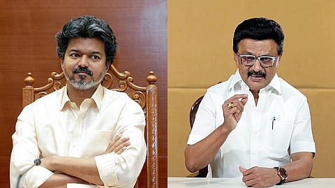(L-R) TVK founder and Tamil Nadu CM C Joseph Vijay; DMK President and former CM MK Stalin.