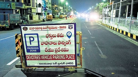 Parking place for the devotees who arrive during Dasara festivities.