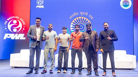 (From left to right) PWL chairman Dayaan Farooqui, Sujeet Kalkal, Antim Panghal, Aman Sehrawat, PWL CEO Akhil Gupta and PWL COO Parth Sharma